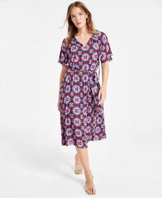T Tahari - Women's Printed Tie-Neck Pleated Midi Dress