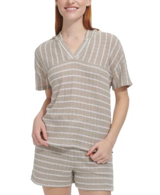 Marc New York - Women's Striped Pointelle Knit Hooded Top