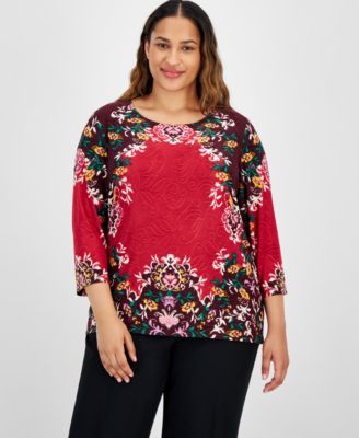 JM Collection - Plus Size 3/4-Sleeve Blooming Jacquard Top