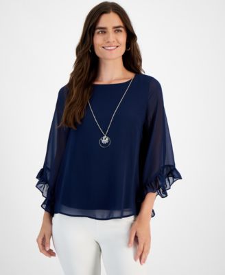 JM Collection - Petite Ruffled 3/4-Sleeve Necklace Top