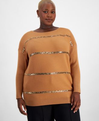 JM Collection - Plus Size Sequin-Stripe Boat-Neck Sweate