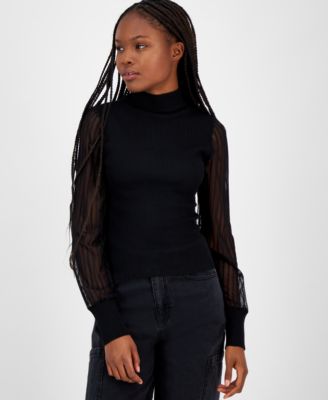 Madden Girl - Juniors' Ribbed Striped-Sleeve Mock-Neck Top