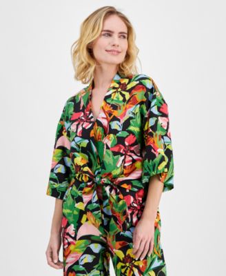 I.N.C. International Concepts - Petite Floral-Print Tie-Hem Top