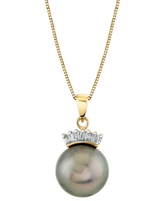 Macy's - Cultured Tahitian Pearl (11mm) & Diamond (1/10 ct. t.w.) 18" Pendant Necklace in 14k Gold