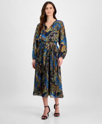 T Tahari - Women's Printed Long-Sleeve Fit & Flare Dress