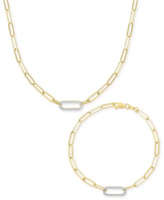 Macy's - 2-Pc. Set Diamond Paperclip Link Collar Necklace & Bracelet (1/4 ct. t.w.) in 14k Gold-Plated Sterling Silver
