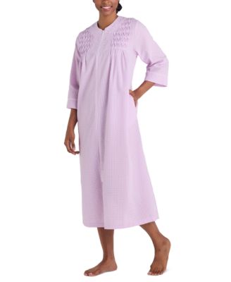 Miss Elaine - Petite 3/4-Sleeve Zip-Front Seersucker Robe
