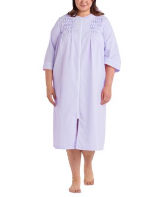 Miss Elaine - Plus Size 3/4-Sleeve Zip-Front Seersucker Robe