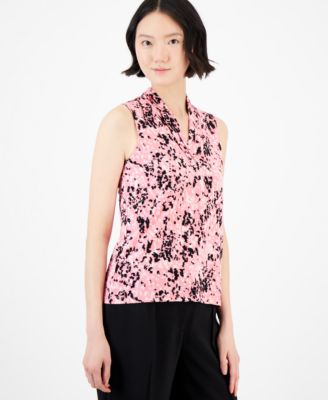 Anne Klein - Women's Pleated-Neck Dot-Print Sleeveless Top