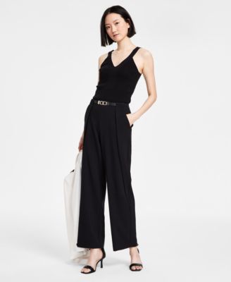 Anne Klein - Petite Belted-Waist High-Rise Pull-On Pants