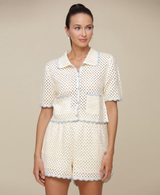Avec Les Filles - Women's Scallop-Crochet Short-Sleeve Cardigan