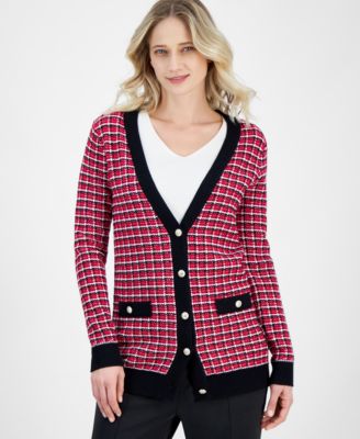 T Tahari - Women's Check Contrast-Trim V-Neck Cardigan