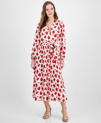T Tahari - Women's Printed Faux-Wrap Long-Sleeve Midi Dress
