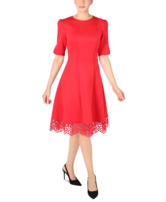 Donna Ricco - Women's Elbow-Sleeve Lace-Hem Knit Dress