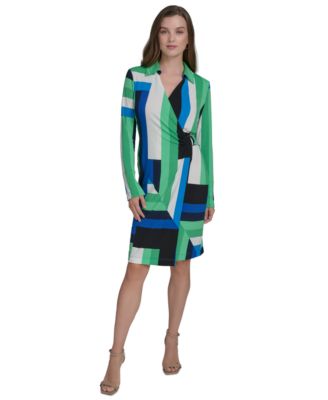 Halston - Women's Printed Faux-Wrap Long-Sleeve Sheath Dress