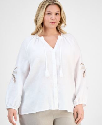 Charter Club - Plus Size Embroidered-Palm Linen Top