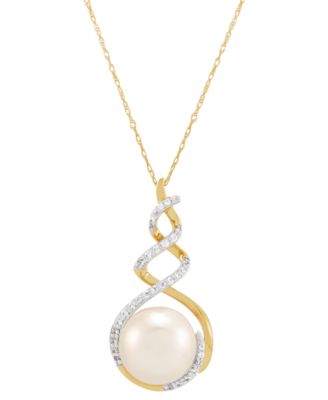Honora - Cultured Ming Pearl (11mm) & Diamond (1/5 ct. t.w.) Swirl 18" Pendant Necklace in 10k Gold