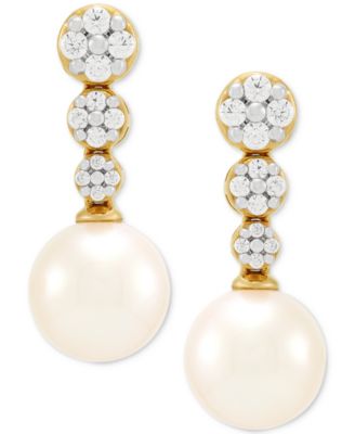 Honora - Cultured Ming Pearl (8mm) & Diamond (1/5 ct. t.w.) Graduated Cluster Drop Earrings in 14k Gold