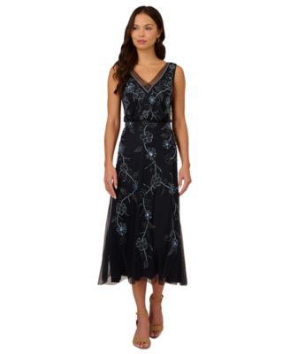Adrianna Papell - Women's V-Neck Beaded Sleeveless Midi Dress