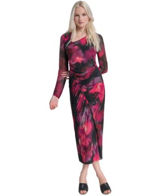 DKNY - Petite Printed Ruched Mesh Maxi Dress
