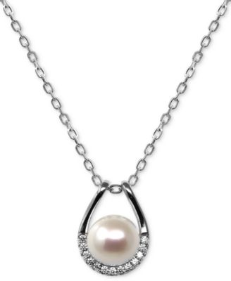 Macy's - Cultured Freshwater Button Pearl (8mm) & Diamond (1/10 ct. t.w.) Open 18" Pendant Necklace in Sterling Silver