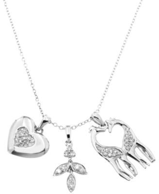 Macy's - Diamond Heart, Leaf & Giraffes Three Charm Pendant Necklace (1/3 ct. t.w.) in Sterling Silver, 16" + 2" extender