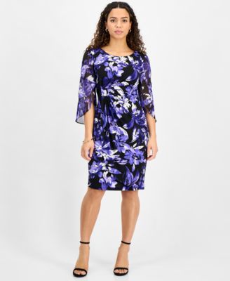 Connected - Petite Floral-Print Cape-Sleeve Faux-Wrap Dress