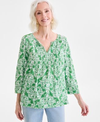 Style & Co - Women's Printed Pintuck Split-Neck Top