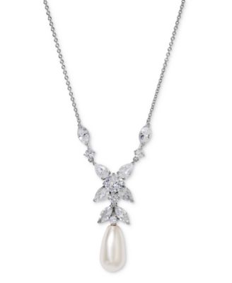 Eliot Danori - Silver-Tone Cubic Zirconia & Imitation Pearl Lariat Necklace, 16" + 2" extender