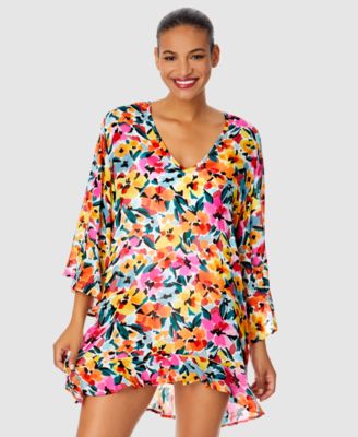 Anne Cole - Women's Floral-Print Flounce V-Neck Tunic Swim Cover-Up