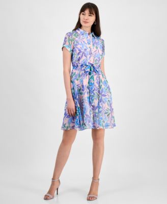 Tahari ASL - Women's Shadow-Striped Floral-Print Belted Dress