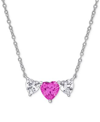 Macy's - Lab-Created Pink Sapphire (1-1/2 ct. t.w.) & Lab-Created White Sapphire (1-1/10 ct. t.w.) Triple Heart 17" Pendant Necklace in Sterling Silver