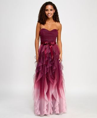 pear culture - Juniors' Corkscrew-Ruffled Strapless Gown
