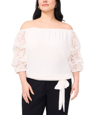 Vince Camuto - Plus Size Off-The-Shoulder Lace Bubble-Sleeve Tie-Hem Blouse