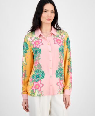 T Tahari - Women's Printed Button-Front Long-Sleeve Shirt