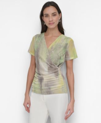 DKNY - Women's Printed Surplice-Neck Short-Sleeve Mesh Top