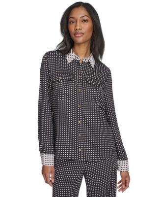Halston - Women's Printed Collared Patch-Pocket Shirt