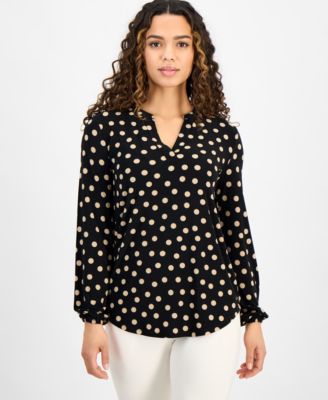 AK Anne Klein - Petite Printed Split-Neck Long-Sleeve Top