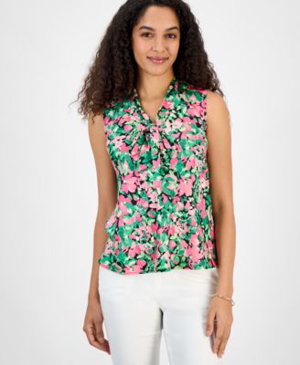 Kasper - Women's Printed Satin Tie-Neck Sleeveless Blouse