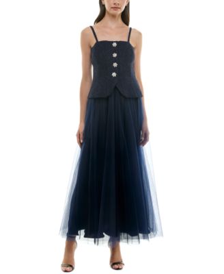 Taylor - Women's Mixed-Media Embellished-Button Gown