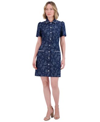 Eliza J - Petite Floral Print Puff-Sleeve Denim Shirt Dress