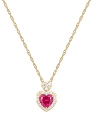 Macy's - Lab Grown Ruby (1 ct. t.w.), White Sapphire (1/5 ct. t.w.) & Diamond Accent Heart Pendant Necklace in 14K Gold Over Sterling Silver, 18"