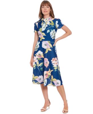 London Times - Petite Printed Tie-Neck Puff-Sleeve Midi Dress