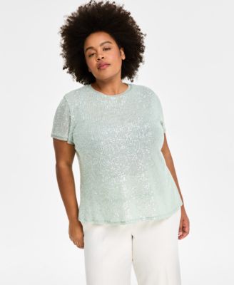 Anne Klein - Plus Size Sequin-Embellished Short-Sleeve Top
