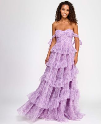 Say Yes - Juniors' Floral-Print Tiered Off-The-Shoulder Ball Gown