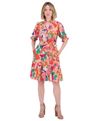 Eliza J - Petite Printed V-Neck Elbow-Sleeve Tie-Waist Dress
