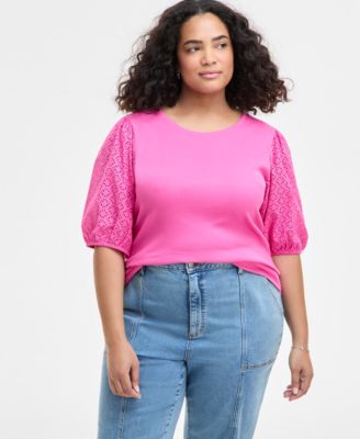 On 34th - Trendy Plus Size Eyelet-Sleeve Rib-Knit Top, Exclusively at Macy's