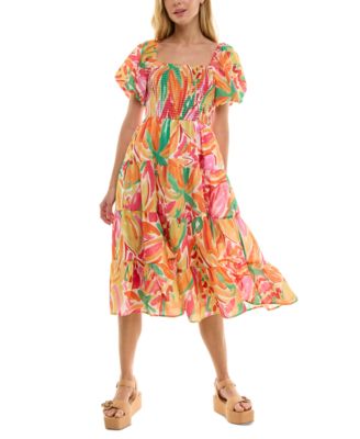 Crystal Doll - Juniors' Printed Square-Neck Bubble-Sleeve Dress