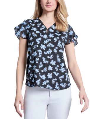Jones New York - Petite Printed Flutter-Sleeve Blouse