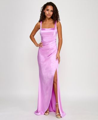 Emerald Sundae - Juniors' Square-Neck Sleeveless Satin Gown